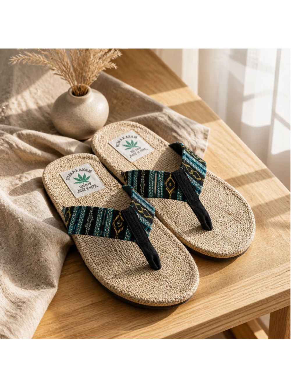 Himalayan Beige Blue Hemp Woven Flip Flop Sandals Size 8 Like New Indie Summer